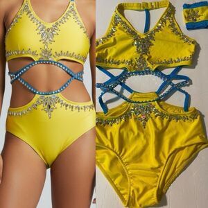 Glamour solo dance costume yellow strappy gems rhinestone embellished MA dance